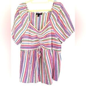 LANE BRYANT Multi Stripe Crinkle Cotton Top w/Cinched Tie Front, Sz 22, GUC.